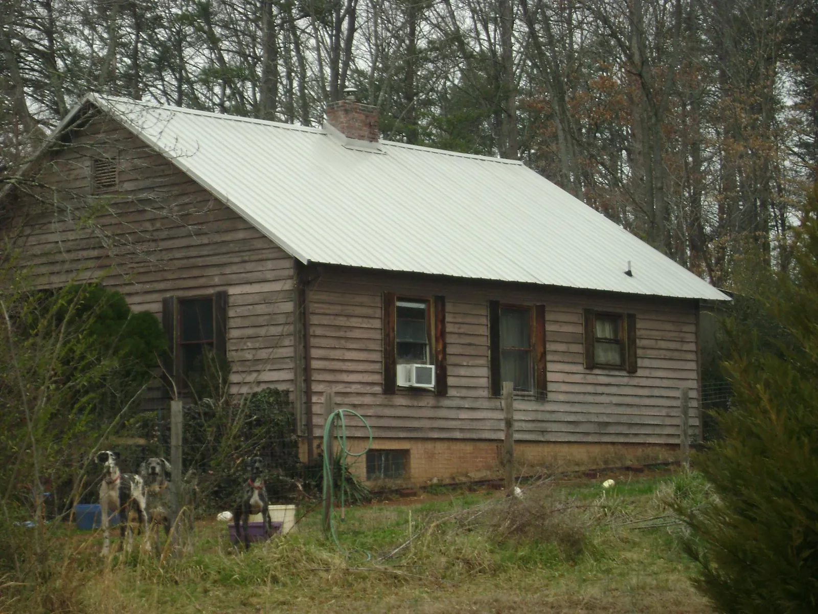 White metal roof on an old wood sided farmhouse, from a Metal Roof Installation job in Muncie